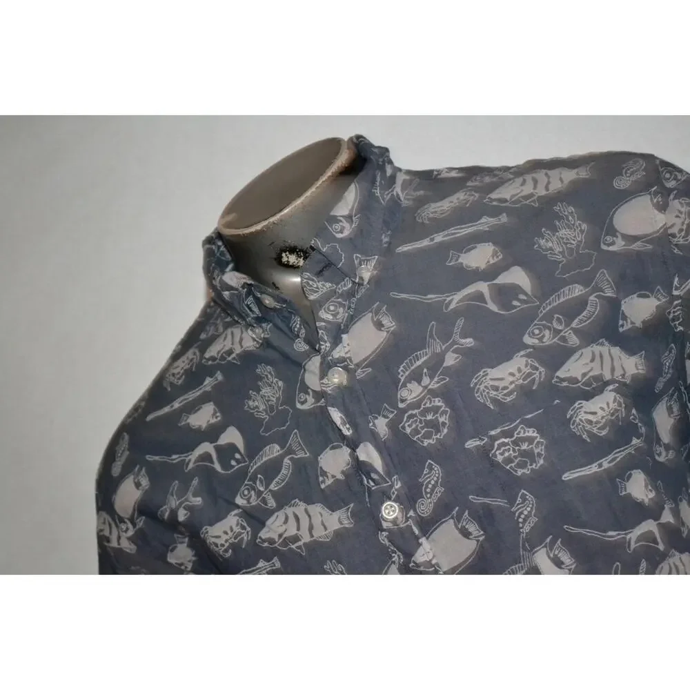 38344 J.Crew Dress Shirt Front Pocket Blue Fish Designs Cotton Size XL Mens - Picture 1 of 6